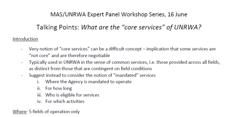 MAS/UNRWA Expert Panel Workshop Series, 16 June Talking Points: What are the &ldquo;core services&rdquo; of UNRWA?