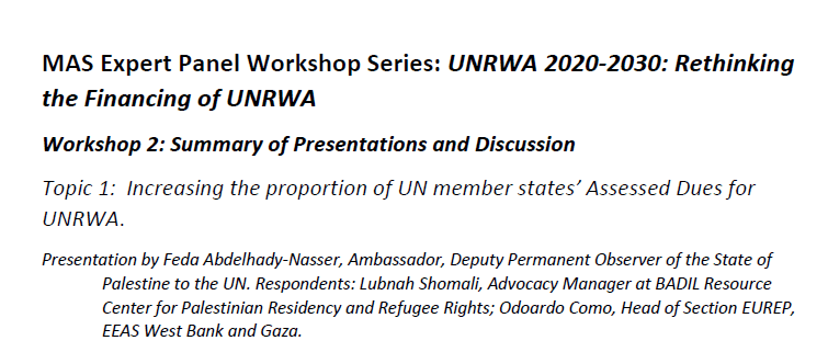 MAS Expert Panel Workshop Series: UNRWA 2020-2030: Rethinking the Financing of UNRWA Workshop 2