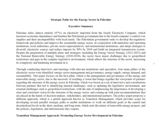 Strategic Paths for the Energy Sector in Palestine (Excutive Summary)