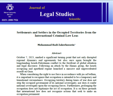 (Journal) Settlements and Settlers in the Occupied Territories from the International Criminal Law Lens