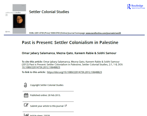 (Journal) Past is Present: Settler Colonialism in Palestine