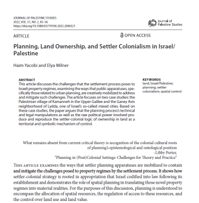 التخطيط، وملكية الأراضي، والاستعمار الاستيطاني في إسرائيل/فلسطين (الإنجليزية فقط)