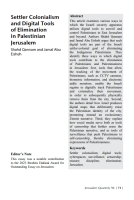 Settler Colonialism and Digital Tools of Elimination in Palestinian Jerusalem